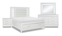 Max 6pc Bedroom Set with Storage Bed, Dresser, Mirror & Nightstand, LED, Glam, White - Queen Size 