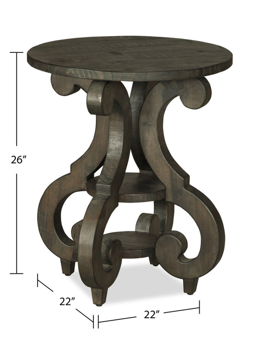 Bellamy 22\" Traditional Round End Table with Shelf - Dark Brown Pine with Scroll Design Wood Base