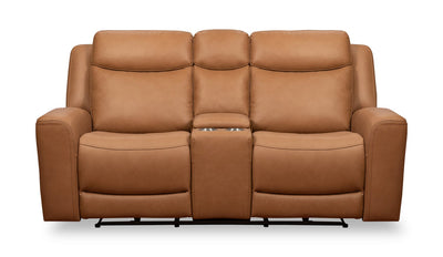 Scott Living Prescott 79" Genuine Leather Power Reclining Loveseat with Power Headrests - Butternut Brown | Causeuse à inclinaison électrique Prescott de Scott Living de 79 po en cuir véritable avec appuie-têtes électriques - brun courge musquée