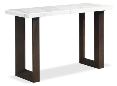 Silvia 48" Modern Sofa Table - White and Grey Marble Look with Brown Wood Legs|Table de salon moderne Silvia de 48 po - imitation de marbre blanc et gris avec pattes en bois brun